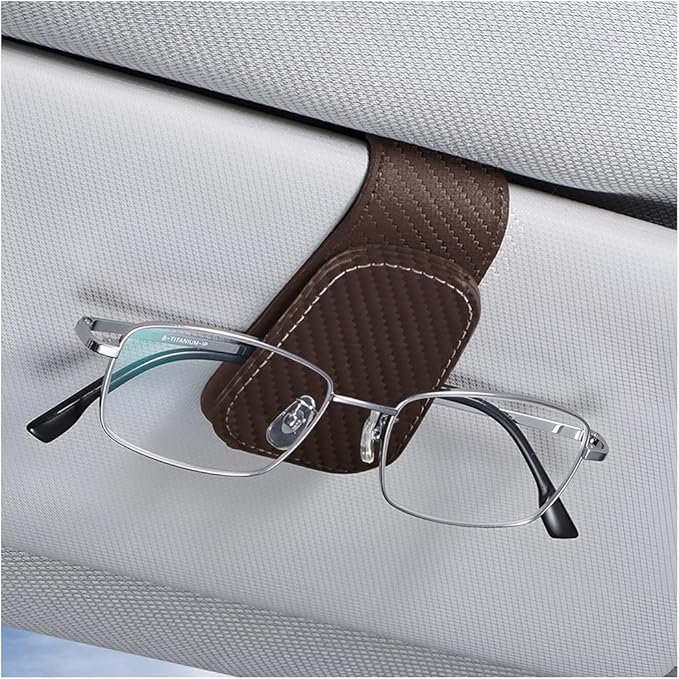 AICEL Sunglasses Holders for Car Sun Visor, Leather Magnetic Clip, Coffee | Leather Eyeglasses Hanger Mounter, Magnetic Glasses Holder and Ticket Card Clip, Car Accessories, Universal Fit by AICEL