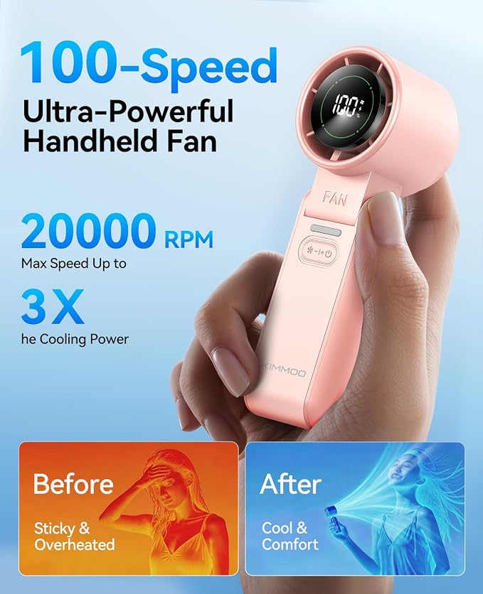 KIMMOO 3-in-1 Portable Handheld Turbo Fan-100 Speeds,Powerful 20000 RPM, 12Hrs Cooling, LED Display, 120° Rotation, USB Rechargeable Mini Hand Held Personal Fan for Travel Makeup Outdoor Indoor, Pink - Image 3