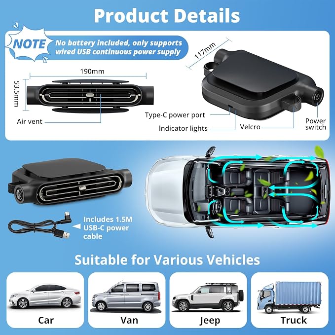 USB Car Seat Fan for Backseat - 3 Speeds (No Battery, Not Rechargeable) | Quiet Mini Portable Neck Fan for Car Accessories, Cooling Fans for Baby Kids Rear Facing, Carseat Fan for Jeep SUV Van Truck - Image 5