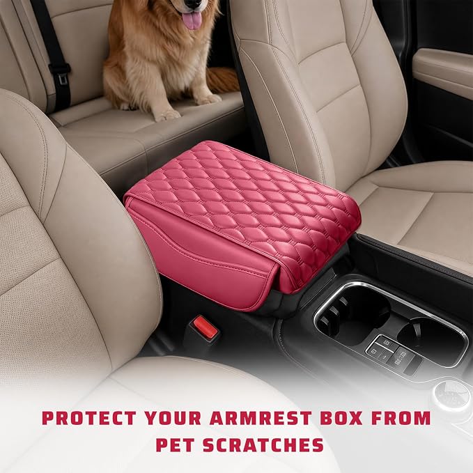 Car Center Console Cover, Memory Foam Auto Armrest Cushion Center Console Pillow Pad with Side Pockets, Anti-Scratch Leather Elbow Pillow Armrest Seat Box Protector for Most Cars (Wine Red) - Image 6
