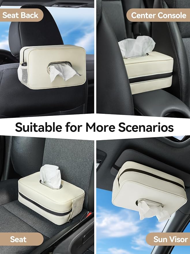 Multi-Functional Car Tissue Holder with ‌2 Storage Nets, Tissue Box Cover | PU Leather Tissue Box Cover, Large Rectangle Napkin Organizer, Fit for 100-160 Regular Size Tissues, Keep Car Tidy, Beige - Image 4