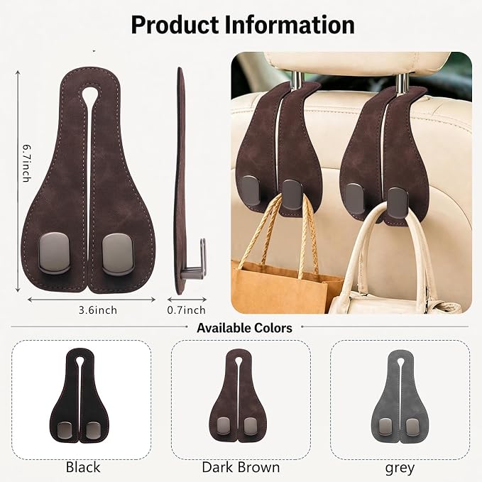Car Seat Headrest Hook 2 Pack, Upgraded Metal Core with Soft Suede Wrap, 360° Rotating Car Backseat Hook Holder for Purses, Groceries, Coffee, 33 lbs Capacity, Universal Fit for Most Vehicles (brown) - Image 5