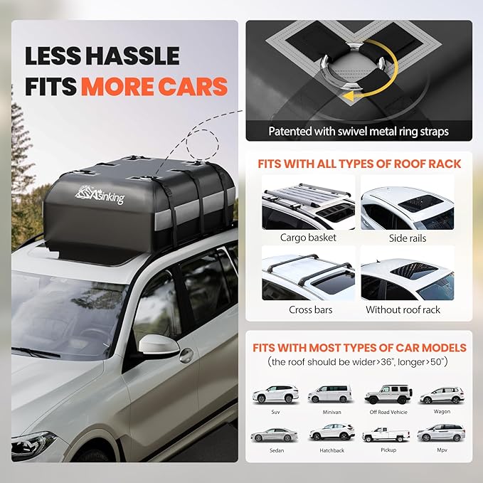 Car Rooftop Cargo Carrier Bag - 100% Waterproof Heavy Duty Car Roof Luggage Carrier 15 Cubic Feet, Fits All Vehicles with/Without Roof Rack - Easy Install & Triply Reinforced for Secure Use - Image 6