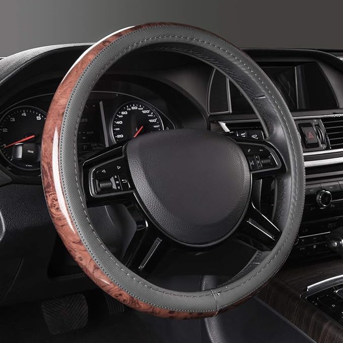 CAR PASS Wood Grain Microfiber Leather Steering Wheel Cover, Universal Fit for 14 1/2-15 inch Gray Steering Wheel, Anti-Slip Veins Design,Cars, Suvs,Minivans, Sedans (Gray) by CARPASS