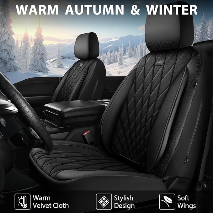 CAR PASS Luxury Faux Leather Car Seat Covers Front Seats, Breathable Soft Velvet Premium Automotive Seat Covers 2 Pack, Armrest Airbag Compatible Universal Fit for Most Sedan SUV Van Truck, Black - Image 2