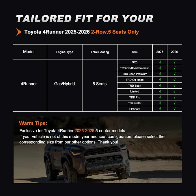 Custom Fit Seat Covers for Toyota 4Runner 2025 2026 | Full Set Faux Leather Car Seats Cover for 4Runner Accessories Black&Gray(5 Seats Model Only) - Image 2