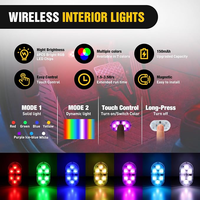 Nilight 2 PCS 7 Colors Wireless Magnetic RGB LED Interior Lights | USB Rechargeable Universal Mini Sticky Footwell Ambient Atmosphere Reading Lamp with Touch Sensor, Portable Night Lighting - Image 3