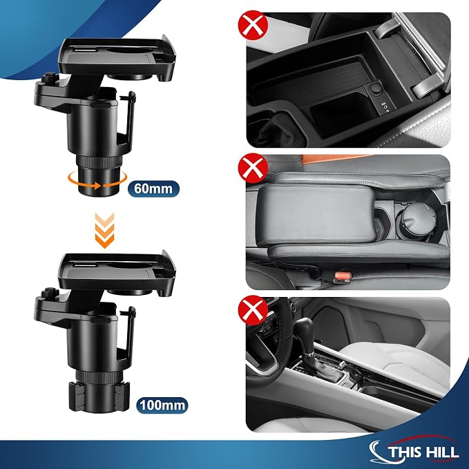 This Hill Cup Holder Tray for Car, 2 in 1 Detachable Car Food Table Tray with Solid Base & Phone Slot,Car Cup Holder Expander with 360°Rotation Tray for Travel Road Essentials - Image 5