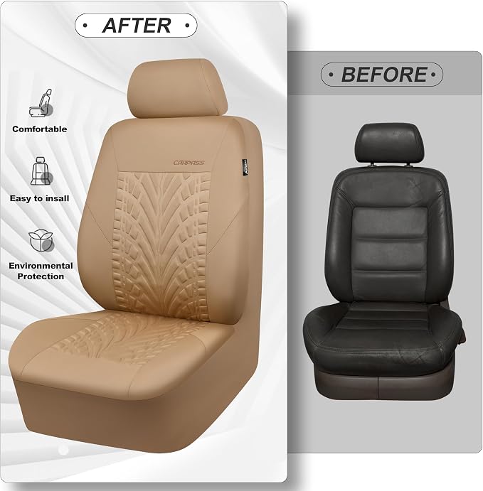 CAR PASS Car Seat Covers Two Front Only for Car, 3D Tyre Print Automotive Interior Covers, Airbag Compatible, Quick Setup Universal Fit Seat Covers for Car, Truck, SUV(All Beige) - Image 6