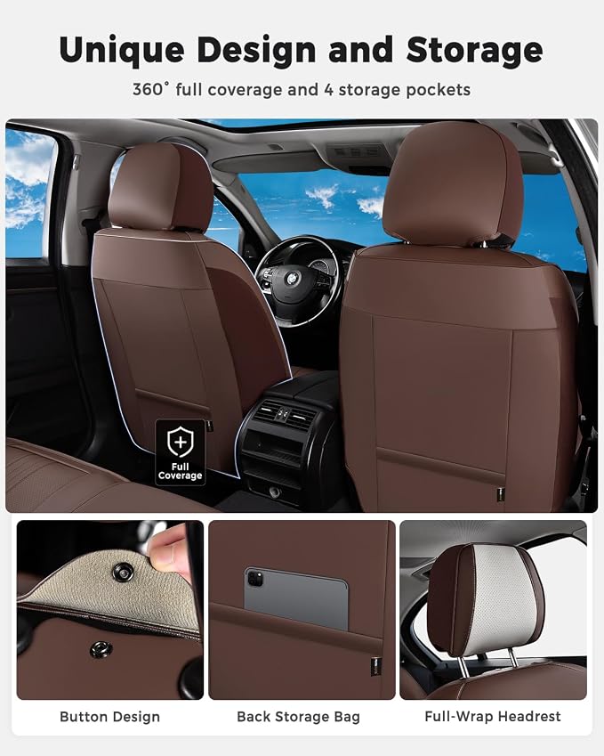 Huidasource Coffe White Front Seat Covers Luxury Faux Leather Front Car Seat Cover, Compatible with Airbags, Seatbelt Buckles, Perforation, Cooling＆Heating Universal Fit for Most Cars Vans Trucks SUVs - Image 4