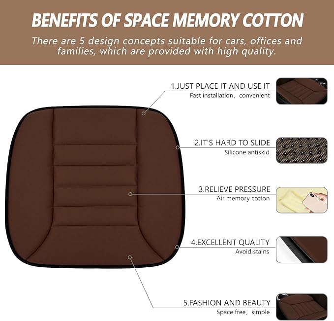 MYFAMIREA 2PCS Car Seat Cushion Pad 1.2" Thick Comfort Seat Protector for Car Driver Seat Office Chair Home Use Memory Foam Seat Cushion with Non Slip Bottom, 20'' x 18.5'', Coffee - Image 2