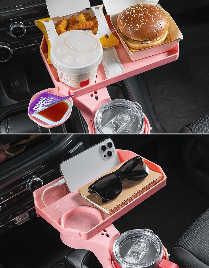 JoyTutus Cup Holder Tray for Car, Car Cup Holder Expander with 360°Rotation Tray, Large Cup Drink Holder Fit for Yeti/Hydro Flask, Detachable Food Tray Table, Pink Car Accessories - Image 2