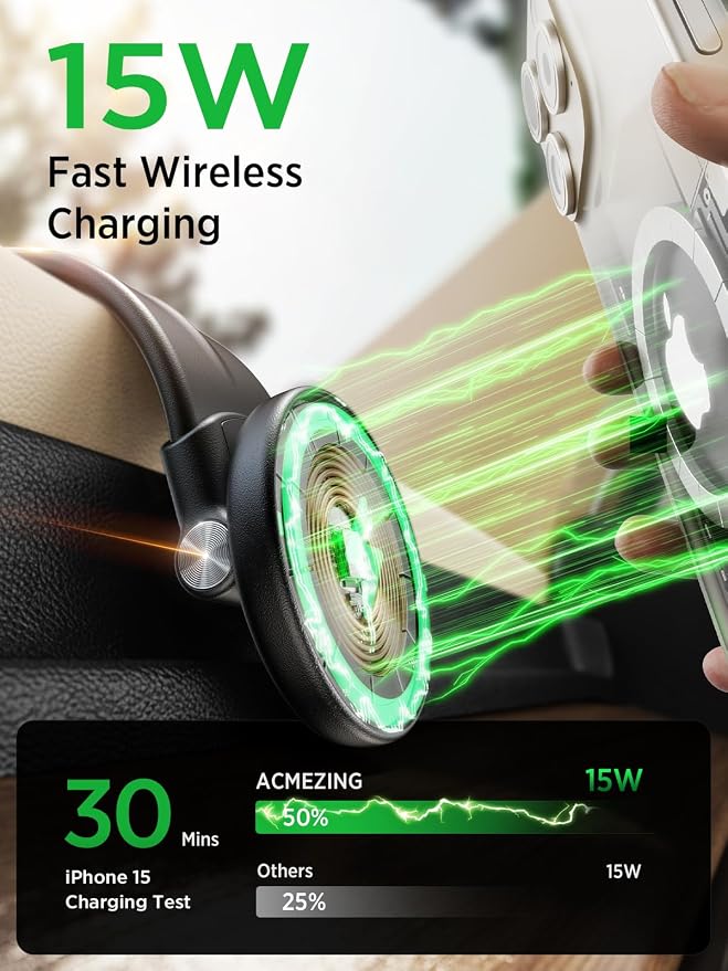 ACMEZING 15W Only for iPhone MagSafe Car Mount Charger, 360% Adjustable | Aluminum Alloy Arm, Relocatable Car Phone Holder, Magnetic Wireless Fast Charging, Cell Phone Holder for All Cars, Black - Image 3