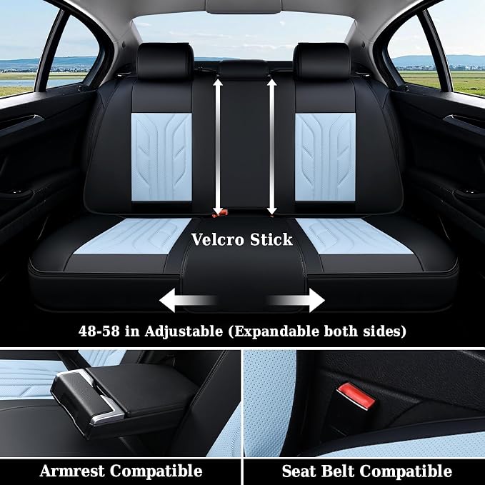 Coverado Car Seat Covers Full Set, Automotive Seat Covers Car Seat Protector Car Seat Cushion, Waterproof Leather Seat Covers for Cars, Universal Fit for Most Sedan SUV Pick-up Truck(Black&Light Blue) - Image 5