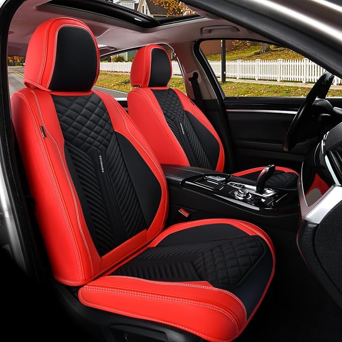 Coverado Front Seat Covers, 2 Pack Waterproof Seat Covers for Cars, Luxury Leather Seat Cushions, Front and Rear Seat Protectors, Auto Seat Covers Fit for Most Vehicles(Black&Red) by COVERADOAUTO