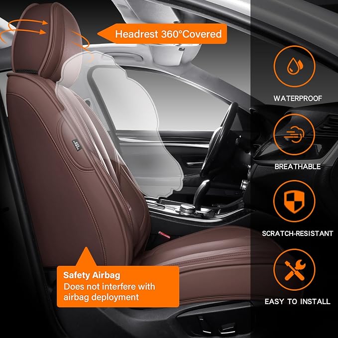 MINGBRON Seat Covers, Car Seat Covers Front Seats, Car Seat Cover, Car Seat Protector Waterproof, Car Seat Cushion Nappa Leather, Brwon Seat Covers Carseat Cover Universal Fit for Most Cars - Image 5
