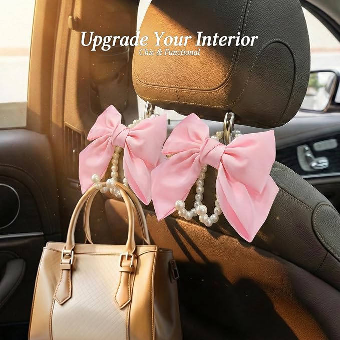 2PCS Satin Bow Pearl Car Seat Headrest Hooks – Car Bag Holder & Vehicle Hanger for Purses – Cute Coquette Aesthetic Interior Decoration – Cute Auto Organizer Accessories Universal (Pink) - Image 2