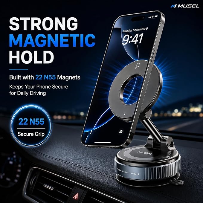 MUSEL Magnetic Car Phone Holder for MagSafe, Nanogel Mount for iPhone 17-12 | Direct nano gel mount, 88 lb magnetic force, 22 N55 magnets, 360 degree rotation, no bottom plate, ring included, dash mounts - Image 2