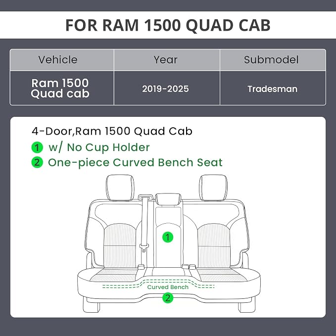 EKR Ram 1500 Seat Covers Custom Fit for (Quad Cab) RAM 1500 Tradesman 2019 2020 2021 2022 2023 2024 2025,Waterproof Black Car Seat Cover for Trucks Full Set-Faux Leather(Black/Gray) - Image 2