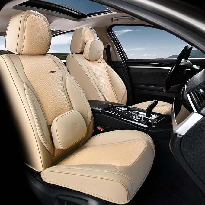 Coverado Car Seat Covers Full Set, Beige Seat Covers for Cars, Waterproof Nappa Leather Automotive Seat Covers with Lumbar Head Pillow, Car Seat Protectors, Universal Fit for Most Cars SUV - Image 2