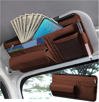 Zipelo 12.2 x 6.5 Inch PU Leather Car Sun Visor Organizer, Brown | ABS backing, mesh and zipper pockets, holds cards glasses pens and cables, dual elastic strap mounting, fits most sunshades by zipelo
