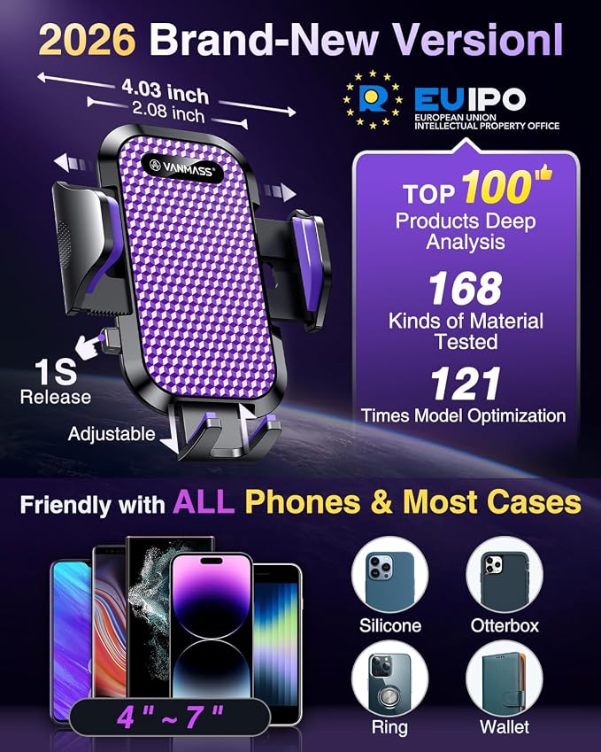 VANMASS [True Military-Grade] Car Phone Holder [Upgraded Suction & Clip] Cell Phone Mount for Dashboard Windshield Vent Truck Cradle Dash Stand for iPhone 16 Pro Max 15 14 13 12 Android, Purple - Image 5