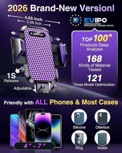 VANMASS [True Military-Grade] Car Phone Holder [Upgraded Suction & Clip] Cell Phone Mount for Dashboard Windshield Vent Truck Cradle Dash Stand for iPhone 16 Pro Max 15 14 13 12 Android, Purple - Image 5