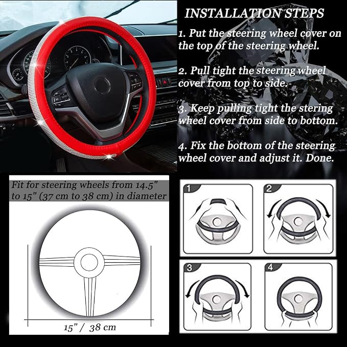 New Diamond Leather Steering Wheel Cover with Bling Crystal Rhinestones | Universal Fit 15 Inch Car Wheel Protector for Women Girls Red - Image 5