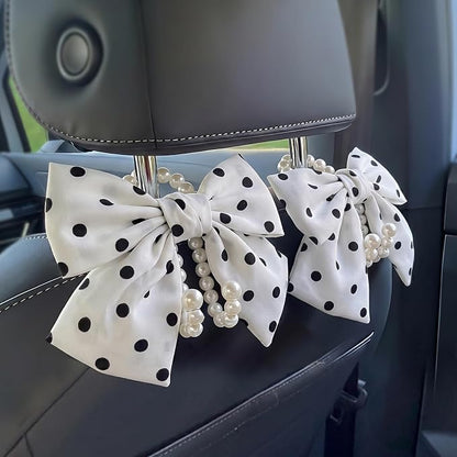 2 PCS Bow Pearl Car Seat Headrest Hook – Cute Purse Hook for Car, Girly Interior Decoration Accessories Hook Hanger, Seatback Holder for Purses & Bags, Elegant Car Organizer (White Polka Dot) by Unknown