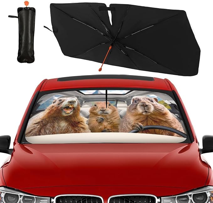 Funny Groundhog Car Windshield Sun Shade Umbrella Bendable Handle Foldable Animal Print Sunshade for Car Windshield Block UV Rays Keep Vehicle Cool for Most Sedans SUV Trucks Cars 57"x30" - Image 3