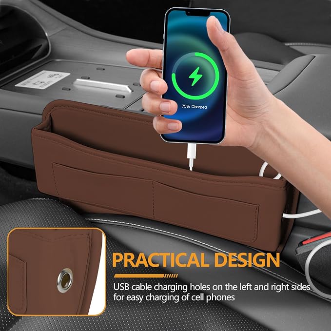Car Seat Gap Filler Organizer with Card Holder, Leather Center Console Side Seat Gap Storage Box, Automotive Seat Organizer with Pocket for Glasses Phone Card, Car Accessories (Brown) - Image 3
