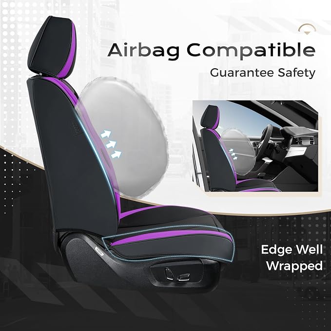 Coverado Car Seat Covers Front Seats, 2 Pack Nappa Leather Seat Covers for Cars, Waterproof Car Seat Protector with Lumbar Support, Front Seat Covers Universal Fit for Most Cars (Black&Purple) - Image 4