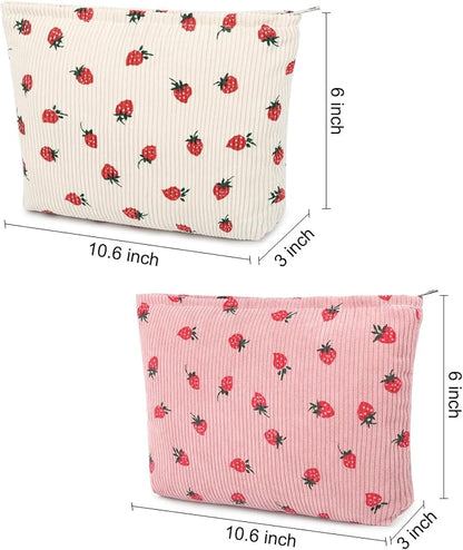 SOIDRAM 2 Pcs Cute Makeup Bag Large Cosmetic Bag Toiletry Bag Makeup Pouch Travel Bag Organizer Cute Makeup Brushes Aesthetic Accessories Storage Bag for Women Strawberry Pink Beige - Image 3