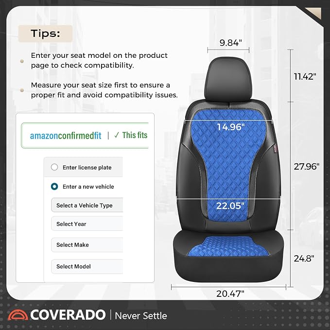 Coverado Seat Covers Full Set, Luxury Diamond Leather Car Seat Cover with Carbon Fiber Textured Design, Waterproof Car Seat Protector, Black&Blue Front and Rear Seat Covers Universal Fit Most Cars - Image 7