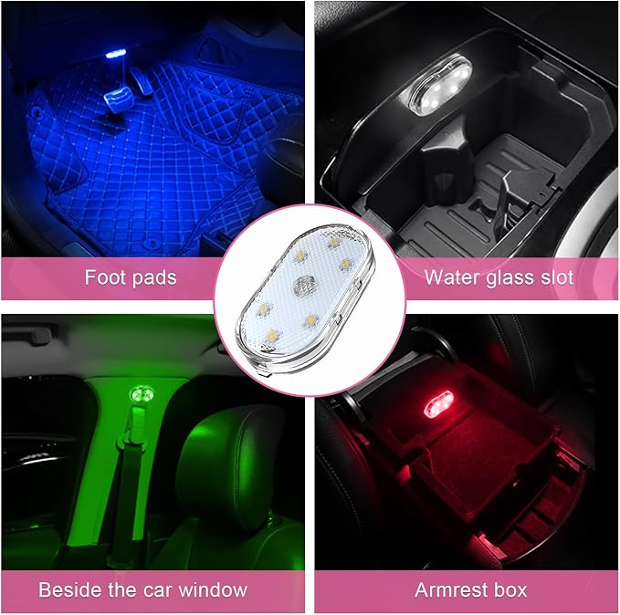 povtii 4 PCS Wireless Led Lights for Car Interior, 7 Colors Magnetic Auto Ambient Light with 6 Bright LED Lamp Beads, USB Rechargeable Vehicle Led Night Light, Car Accessories (Colorful) - Image 6