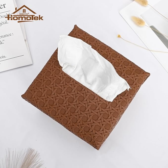 HOMOTEK 2 Pack Tissue Box Cover, Square PU Leather Tissue Holder, Decorative Facial Tissue Cube Paper Organizer Dispenser for Bathroom, Night Stands, Desk, Car 5X5X5'' - Rattan Weave,Chocolate - Image 2