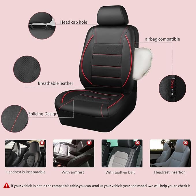 CAR PASS Universal FIT Piping Leather Two Front Seat Covers, Waterproof Faux Leather for SUV Sedan Van Truck, Airbag Compatible,Reserved Opening Holes for Headrest Covers. (Black red) - Image 2