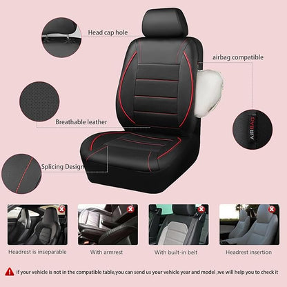 CAR PASS Universal FIT Piping Leather Two Front Seat Covers, Waterproof Faux Leather for SUV Sedan Van Truck, Airbag Compatible,Reserved Opening Holes for Headrest Covers. (Black red) - Image 2