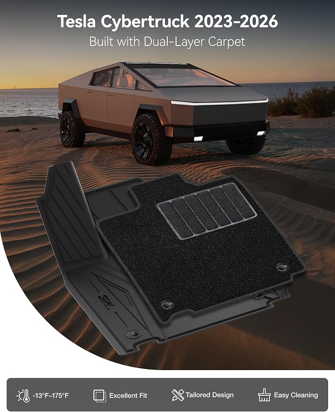 3W Floor Mats & Cargo Liner for Tesla Cybertruck 2023 2024 2025 2026 | with Carpets All Weather Waterproof Heavy Duty Accessories Custom Fit Double Layer Floor Liners & Sub Storage Trunk Mat - Image 2