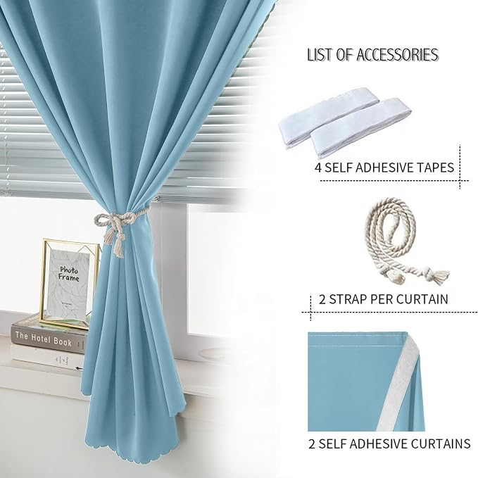 Self Adhesive Curtains, Black Out Shade for Window, Blackout Fabric Temporary Window Coverings Easy to Hang Curtains No Rod Needed, Use for Bedroom, Room, Kitchen, 47"W X 79"L, Lake Blue, 2 Panels - Image 2