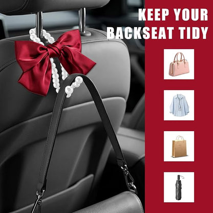 2 PCS Bow Pearl Car Seat Headrest Hook, Car Seatback Hanging Organizer Elegant Pearl Purse Hanger, Cute Bow Vehicle Interior Headrest Storage Hook for Handbag Purse Coat (Red) - Image 5