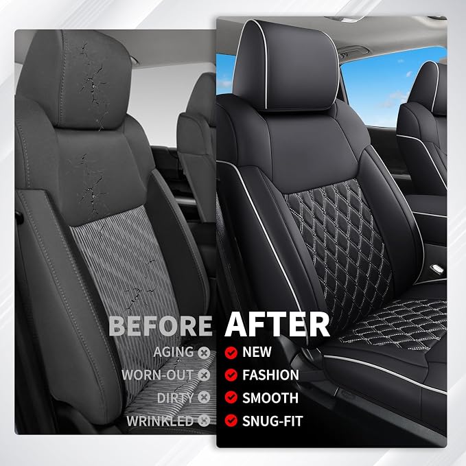 Huidasource Tacoma Front&Back Seat Covers Full Set, Automotive Leather Car Seat Cushion Cover Fit for 2005-2015 Double&Crew Cab 2nd Gen Toyota Tacoma Base SR5 Limited TRD Sport(Full Set/Black&White) - Image 8