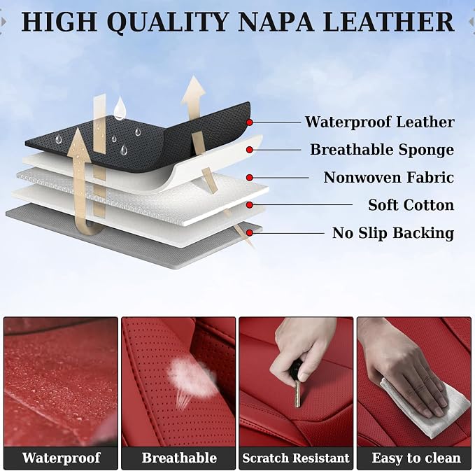 Coverado Universal Seat Covers Full Set, 5 Seats Universal Seat Covers for Cars, Waterproof Faux Leather Car Seat Covers with Head Pillow, Auto Protectors Fit for Most Sedans SUV Pick-up Truck-Red - Image 9