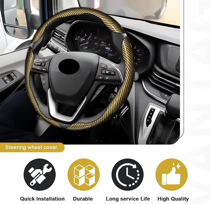 3pcs Universal Carbon Fiber Steering Wheel Cover - Anti-Slip & Segmented Design, Universal 99% Durable Steering Wheel Protector for Men and Women, Car Interior Accessory (Yellow) - Image 6