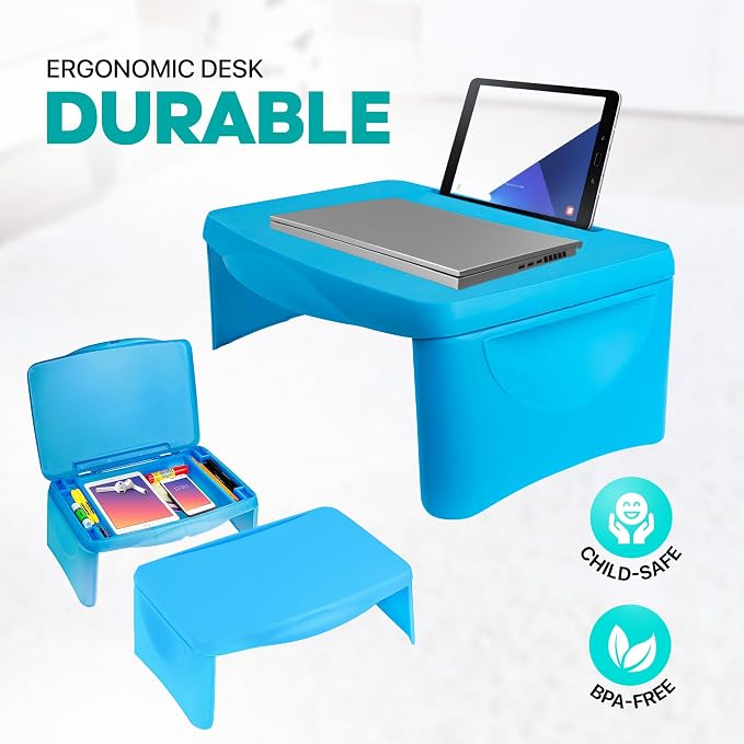 MAVOCRAFT Foldable Kids Lap Tray with Storage - Portable Lap Desk Kids & Adults - Kids Lap Desk for Breakfast in Bed, Serving Tray, Car Desk & Gaming (Blue) - Image 7