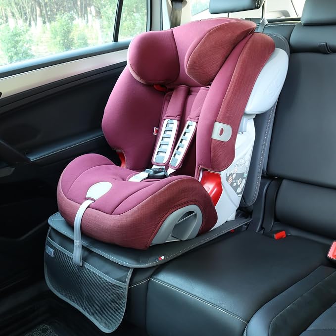 Viaviat Car Seat Protector Leather Waterproof Child Safety Seat Protector Cover with Thick Pad and 2 Large Pockets Durable Kick Mat for All Auto Seat (Deep Gray) - Image 2