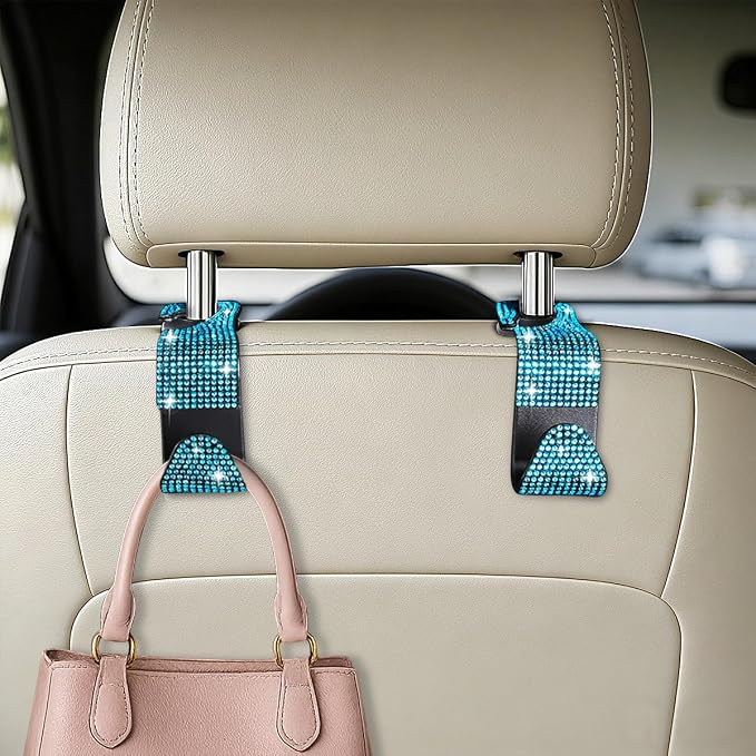 HZEL 4PCS Crystal Rhinestone Vehicle Headrest Hooks for Bags, Blue | plastic and rhinestone build, snap-on headrest mounting, holds bags and umbrellas, uses seatback space, fits vehicles - Image 3