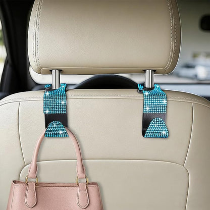 HZEL 4PCS Crystal Rhinestone Vehicle Headrest Hooks for Bags, Light Blue | plastic and rhinestone build, snap-on headrest mounting, holds bags and umbrellas, uses seatback space, fits vehicles - Image 3