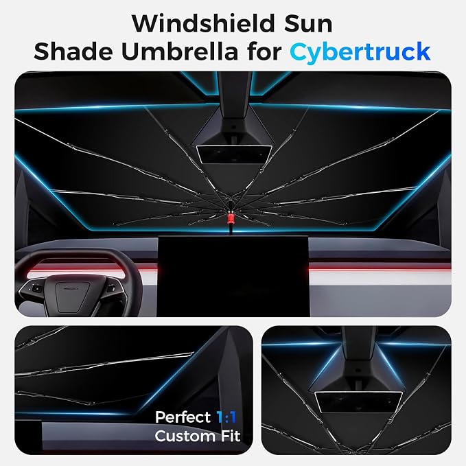 Windshield Sun Shade Umbrella for Cybertruck, Custom Fit Sunshade for Cybertruck Front Windshield, UV Block & Heat Reduction, Reinforced Frame with Dashboard Protection Pad, Foldable Car Sunshade - Image 2