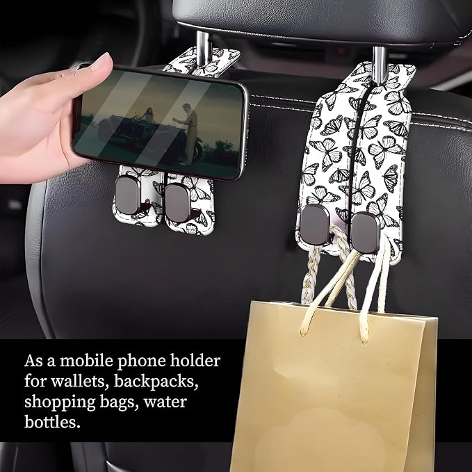 Car Seat Headrest Hook, Universal Leather Cute Hanger Holder Hook, Storage Organizer Interior Accessories for Purse Bags Handbag Black White Cute Butterfly - Image 2